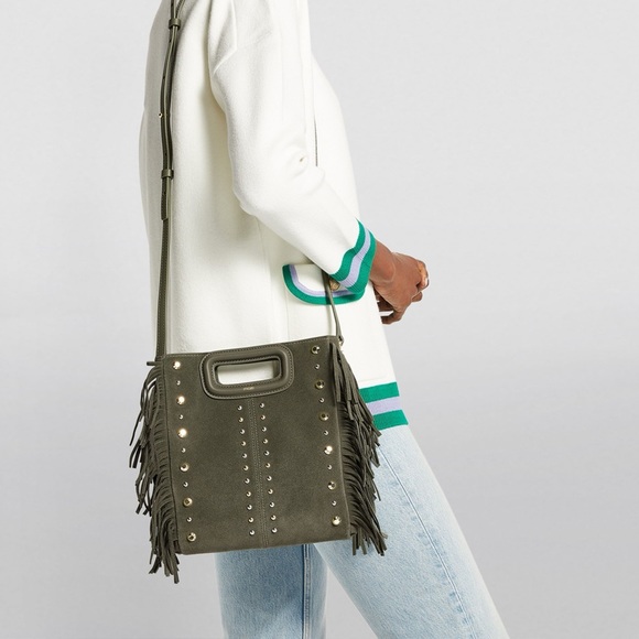 Maje Green Studded Fringed Suede M Bag - Picture 4 of 8